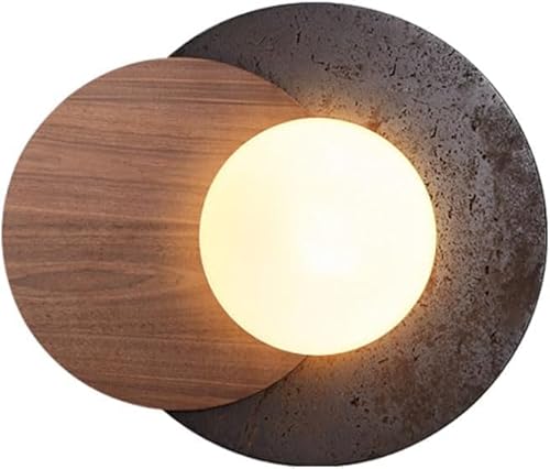 LINGCMP Modern Natural Black Travertine Hallway Wall Sconce Retro Industry Walnut White Glass Bathroom Wall Light Circle Japanese Wabi Sabi Style Design Dining Room Wall Lamp For Living Room Farmhouse