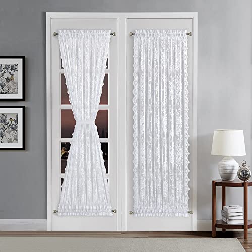 LinenZone Pair of Premium Lace French Door Curtains or Sidelight Door Curtains with 2 Tiebacks. Long Width Semi Sheer Glass Door Curtains Feature Rustic English Rose Design. (Luna 52 x 72, White)