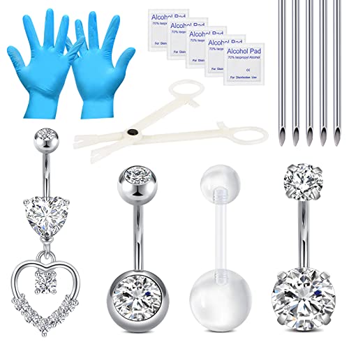 DJCIW Professional Belly Button Piercing Kit - 14G 316L Stainless Steel Belly Button Rings with Piercing Needles Set with Disposable Clamps Complete Body Jewelry Starter Kit for Home Use Silver