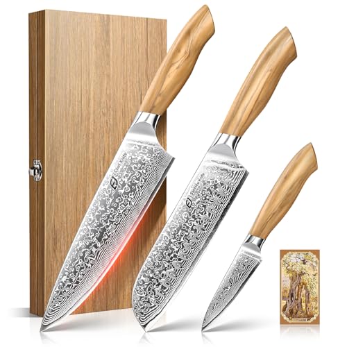 Emojoy Damascus Kitchen Knife Set, 3 PCS Japanese Chef Knife Set, 67-Layers Damascus Knife with Original Olive Wood Handle, Include Wooden Gift Box