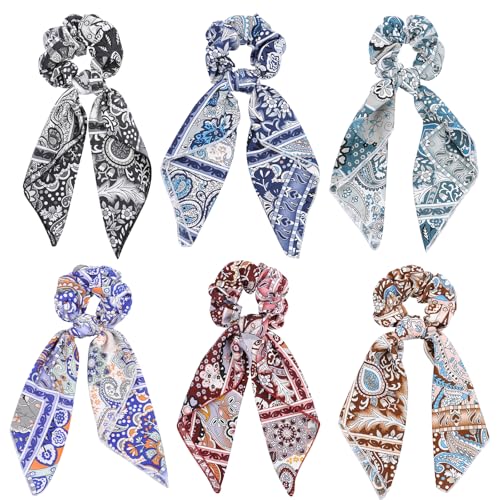 Cutewing Paisley Scrunchie Scarfs Large Hair Bow Scrunchies Chiffon Hair Scarf Ties Long Tail Ponytail Holders Bandana Scrunchy Ribbons Fashion Hair Scarves Bows Bands Accessories for Women with 6PCS
