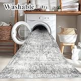 CHAMPLANT 5x7 Washable Area Rug Gray Vintage Traditional Floor Cover Foldable Thin Kitchen Accent Indoor Distressed Non Slip Carpet Floral Print Mat Bedroom Living Room Bathroom