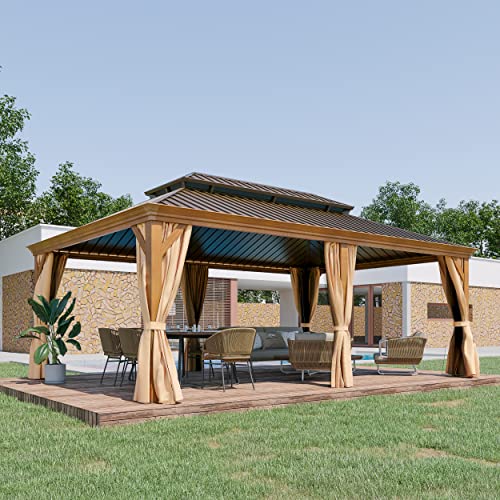 GAZEBEST 14' X 20' Hardtop Gazebo Outdoor Aluminum Patio Gazebo Double Roof Galvanized Steel Canopy Wooden Finish Coated with Netting and Curtains for Garden, Backyard,Deck and Lawns