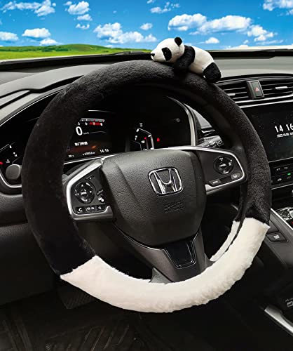 Dotesy Cute 3D Panda Auto Steering Wheel Cover, Fashion Cartoon Style Car Steering Wheel Cover Protector Fluffy Plush Soft Comfort Warm Universal for 36.5-38cm (Black White)
