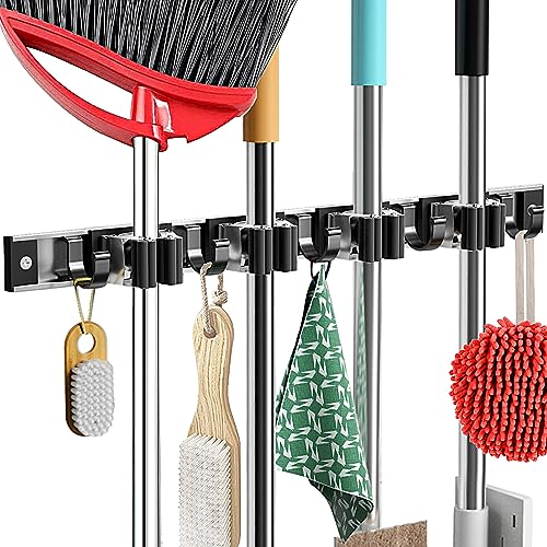 Mop and Broom Holder Wall Mount Metal Heavy Duty Utility Hooks Broom Organizer Garage Storage Systems Tool Racks for Home Laundry Garden Kitchen Organization (Black, 1 Pack 4R5H)