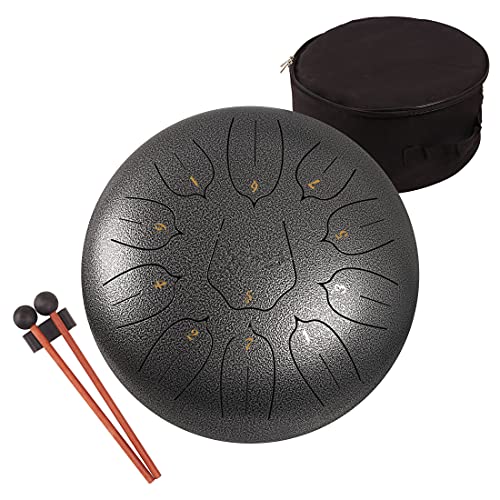 LOMUTY Steel Tongue Drum 12 Inch 11 Notes Tongue Drums for Adults, Steel Drum with Bag, Music Book, Mallets, Finger Picks, Handpan Drum Metal Drum Percussion Instruments for Meditation Yoga (Silver)