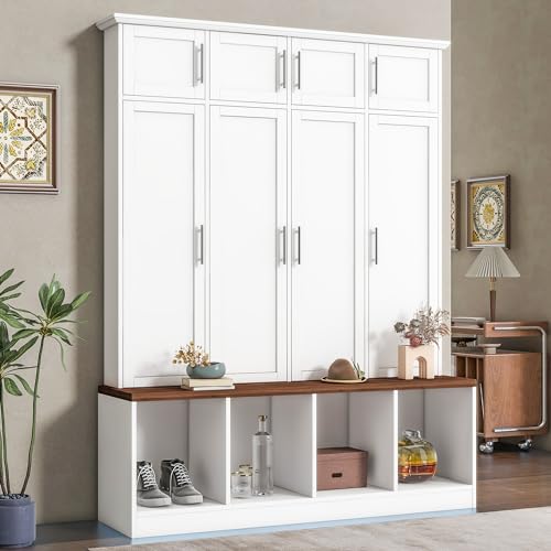 Merax Hall Tree with Entryway Bench and Shoe Storage Compartments, Multi-Functional Cabinet with 4 Hanging Hooks