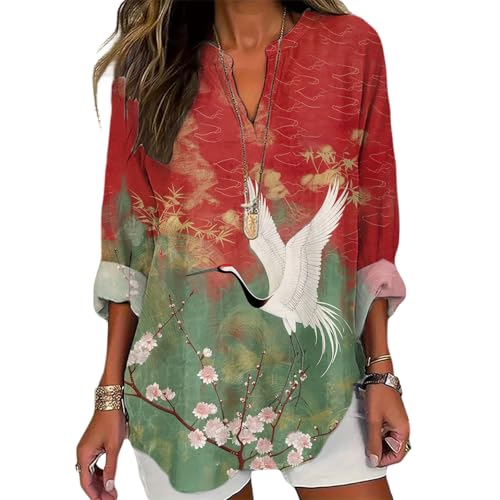 MARSVOVO Blouse for Women Long Sleeve Japanese Art Crane and Flower Print Tops V Neck Flowy Plus Size Fall Womens Shirts,2XL