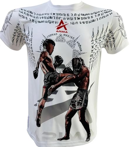 Muay Thai T-Shirt – Digital Printed Martial Arts Tee with Sak Yant Design – Fast-Dry Polyester Shirt, Standard Fit – Ideal for Kickboxing, Training, Streetwear – XLarge White