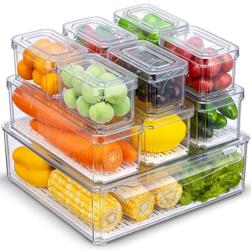 KUMD 10 Pack Fridge Organizer, Stackable Refrigerator Organizer Bins with Lids, BPA-Free Produce Fruit Storage Containers for Storage Clear for Kitchen, Food, Drinks, Vegetable Storage