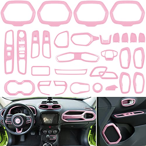 31 PCs Car Interior Accessories Trim - Air Conditioning Vent Decoration & Door Speaker & Water Cup Holder & Headlight Switch & Window Lift Button Covers Fit for Jeep Renegade 2015-2021 (Pink)