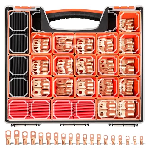 Kuject 220PCS Battery Cable Ends AWG 1 2 4 6 8 1/0 2/0 Gauge, 110PCS Heavy Duty Copper Wire Lugs Kit, Battery Cable Terminal Connectors Assortment with 110PCS 3:1 Heat Shrink Tubing