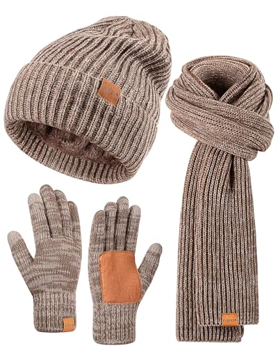 Winter Hat Gloves Scarf Set for Men Women, Mens Beanie with Fleece Lined Long Thick Scarf Touchscreen Gloves for Cold Weather, 3 in 1 Warm Gift Set(Mix-Khaki)
