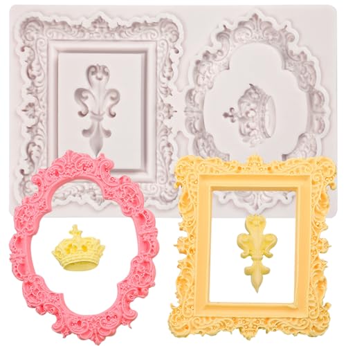 ICOCONG Baroque Mirror Frame Silicone Mold European Vintage Crown Fondant Molds for Anniversary Weddings Bridal Shower Cake Decoration Flower Paste Biscuits Muffins Butter Mousse Dough Clay Plaster