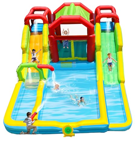 WELLFUNTIME Inflatable Water Double Slides Park with Blower, Shade Tent Bounce House with 2 Climbing Walls, 3 Water Pools, 226x168x98 Inch