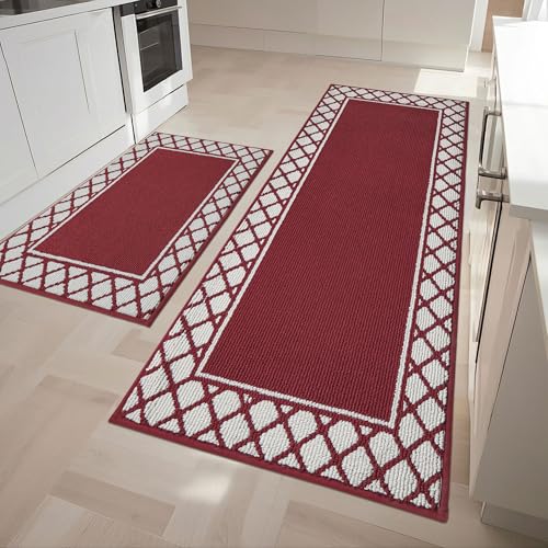 COSY HOMEER Kitchen Rugs Non Slip Washable Kitchen Mats for Floor Absorbent Kitchen Rugs Sets of 2 Kitchen Runner Rugs for Kitchen Carpet Sink Laundry Area Rugs,Burgundy,24" x 35"+24" x 60"