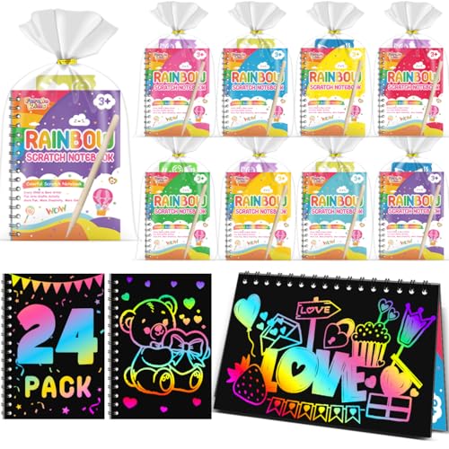 Scratch Art Party Favors for Kids: 24 Pack Rainbow Scratch Notebook Bulk Kids Craft School Supplies for Girls Boys 4-8 Years Old Kids Birthday Goodie Bags Christmas Gifts Classroom Prizes for Kids