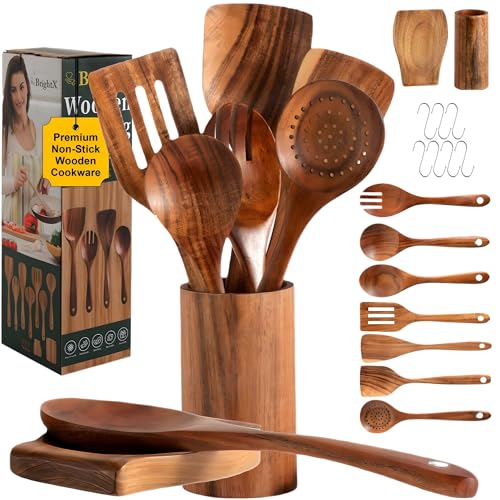 BRIGHTX Premium Kitchen Wooden Cooking Spoons Set (9-Pcs) - Acacia Wood Utensils Set Non Toxic & Safe Wooden Spatula set, Ladle set, Stirring & Mixing Spoons | Non Toxic wooden Utensils for Cooking