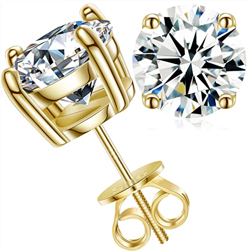 Moissanite Stud Earrings,0.2-4ct/Pair D Color VVS1 Clarity Brilliant Lab Created Diamond Moissanite Earrings w/ Screw Back, Yellow Gold, Moissanite