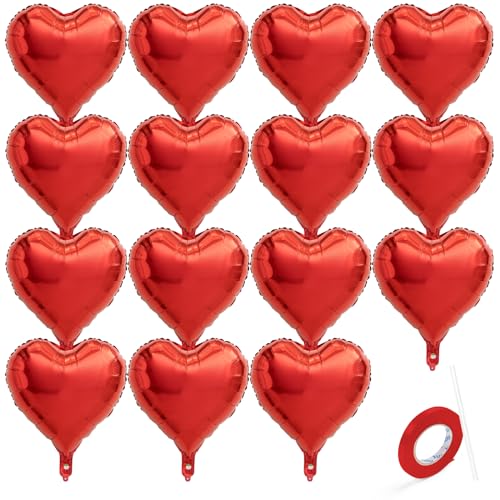 TIPKITS 15 PCS Red Heart Balloons, 18 Inch Heart Shaped Balloons Foil with Ribbon, Heart Foil Balloons for Baby Shower, Birthday, Party, Valentines Day Decorations