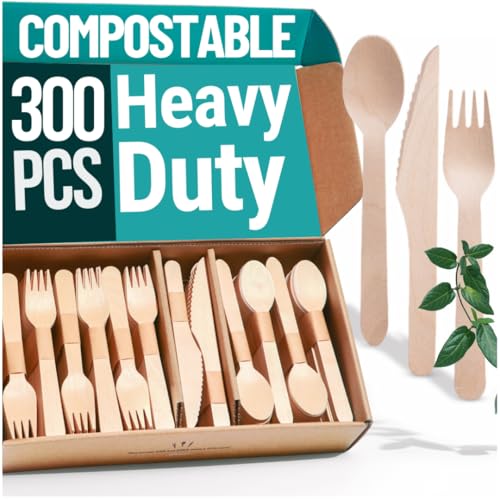 EarthClusive Disposable Wooden Cutlery Set - 300 pcs (150 Forks 100 Spoons 50 Knives) Compostable Utensils Set with Plastic-Free Packaging. Splinter-Free Compostable Cutlery Set for Parties & More