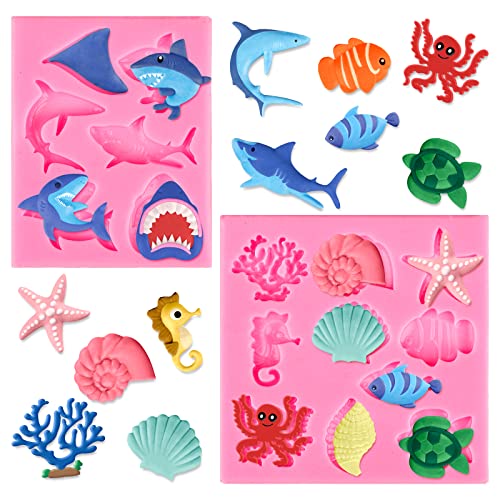 Whaline 2 Pack Ocean Shark Fondant Mold Mini Silicone Sea Animal Mould Shell Starfish Octopus Turtle Chocolate Candy Mold for Cupcake Cake Topper Decoration Supplies Soap Resin Summer Theme Party
