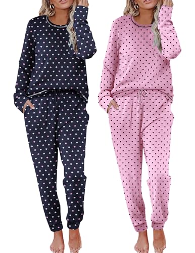 Ekouaer 2 Pack Womens Pajama Sets Long Sleeve Lounge Sets Soft Pj Sleepwear Loungewear Heart Print & Point L