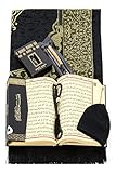 ihvan online Prayer Gift Box for Hajj and Umrah, Muslim Prayer Rug, Islamic Mat, Beads Tesbih, Holy Quran, Miswak, Muslim Kufi Hat, Islamic Deluxe Set for Ramadan & Eid Gift, Black/Set 2