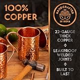 Yooreka Gift Set Moscow Mule Mugs Set Of 4 16 oz Solid Cooper, 100% Pure Copper Cups Cylindrical Shape HANDCRAFTED, BONUS 4 Straws, 4 Wood Coasters, Stirring Spoon, And Shot Glass (Square)