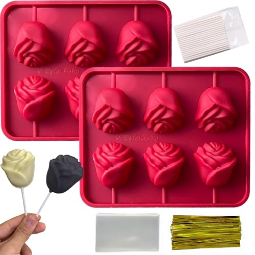 Rose Flower Lollipop Molds, 2 Pack Rose Silicone Chocolate Candy Molds with 100 Sticks 3D Flowers Cake Pops Mold Sucker Mold for Jelly Soap Hard Candy Mothers Day Cake Cupcake Decorations