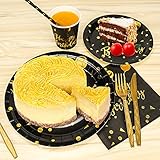 TabreMstr 201 Pieces Gold Disposable Party Dinnerware Set &Golden Dot Birthday Black Paper Plates Napkins Cups, Gold Plastic Forks Knives Spoons (25 Guests)