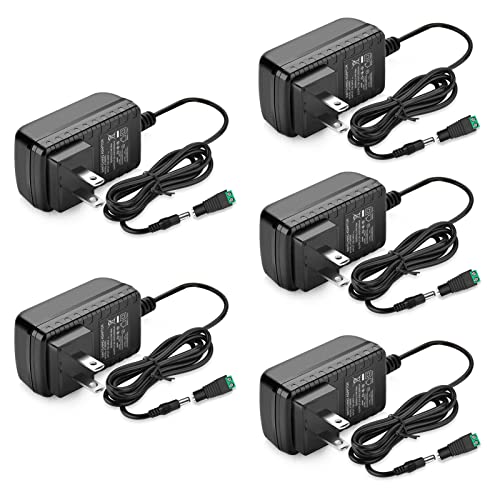 12V LED Strip Power Supply, 2A 24W Power Adapter, 12V Power Supply for LED Strip Lights Security Camera DVD Player, AC 100-240V to DC 12V Transformer, US Plug (5 Pack)