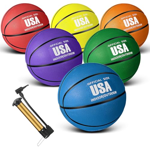 Jenaai 6 Pcs Rubber Basketballs Official Size Bulk Streetballs Multicolor Basket Balls with Pump Plain Basketball Set for Adult Youth Gifts Indoor Outdoor Training Games (Colorful,Size5)