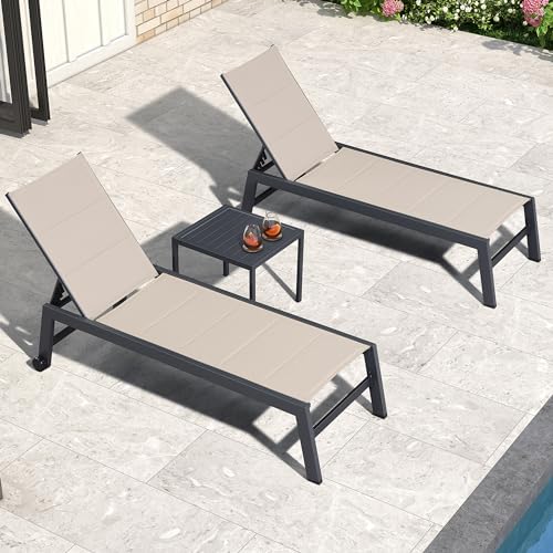 PURPLE LEAF Outdoor Chaise Lounge Set of 2 Aluminum Patio Lounge Chair with Wheels and Side Table Pool Chaise Lounge Chair for Outdoor Backyard Poolside Beige