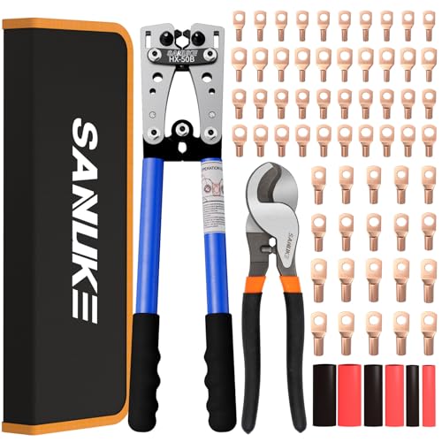 Sanuke Battery Cable Lug Crimping Tool Kit with Cable Cutter 60pcs Ring Terminals 60pcs Heat Shrink Tubing and A Bag, Wire Crimper for AWG 8-1/0 Electrical Lug