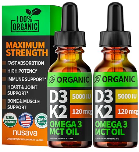 (2 Pack) Organic Vitamin D3 K2 Drops with MCT Oil, Omega 3, 5000 IU - Vitamin D Liquid, No Fillers, Non-GMO D3 for Body’s Defenses and Faster Absorption, Unflavored, 2 Fl Oz