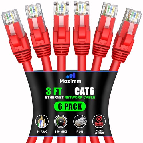 Maximm Cat 6 Ethernet Cable 3 ft (6-Pack) - High-Speed LAN Cable, Internet Cable, Patch Cable, and Network Cable - UTP, 10Gbps, 550MHz Ethernet Cord - Red