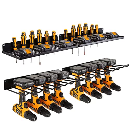 UU-Major Power Tool Organizer with Charging Station, Drill Holder, Wall Mount, Garage Storage Shelves, Heavy Duty Pegboard Wall Organizer Set, Solid Metal, Black, 2 Pack, 4 Set