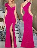 VFSHOW Womens Ruched Ruffle One Shoulder V Neck Wedding Formal Prom Maxi Dress 2023 Beaded Strap Sexy Elegant Split Cocktail Evening Sparkly Glitter Long Gown (Hot Pink, X-Large) 3119AV HPIK XL