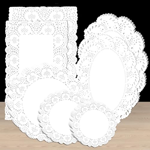 400PCS Paper Doilies Assorted Sizes Disposable Doilies White Lace Decorative Food Placemats for Serving Tray, Coffee, Desert Tray, Cake, Buffet Party Wedding Tableware Decoration Round Rectangle Oval