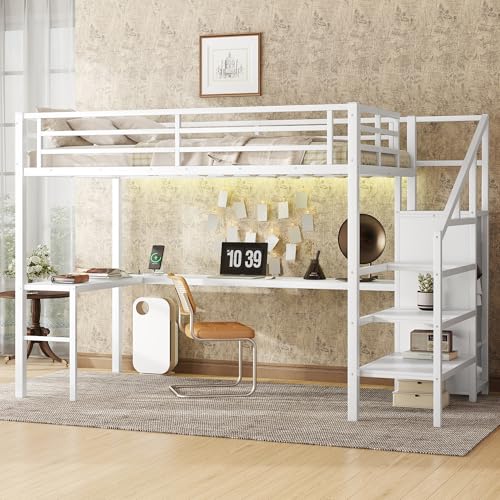 Full Size Loft Bed, Solid Metal Loft Bed with L-shaped Desk, Wardrobe, Adjustable Shelf and USB, Modern Bed Frame with Safety Guardrails, Space Saving Design for Bedroom, Dormitory, Apartment, White