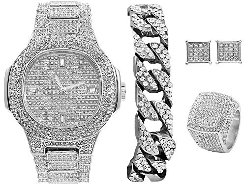Bling-ed Out It's Lit! Hip Hop Watch & Jewerly Set w/Cuban Chain Bracelet, Kite Bling Earrings & Ring - GJM13 (9, Silver -8967)