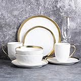 Stone Lain Modern Poreclain 16 Piece Dinnerware Set, Plates and Bowls Set, Dish set for 4, White And Golden Rim