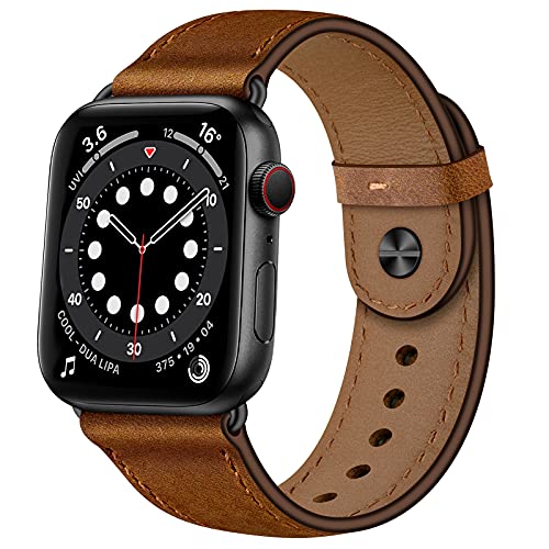 OUHENG Compatible with Apple Watch Band 42mm/41mm/40mm/38mm, Genuine Leather Bands Replacement Strap for iWatch SE2 SE Series 10 9 8 7 6 5 4 3 2 1 (Retro Brown/Black)