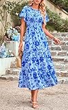 PRETTYGARDEN Crewneck Smocked Top Spring Dresses for Women 2025 Floral Short Sleeve Easter Dress for Women Maxi Long Dress (Blue Flower, Medium)