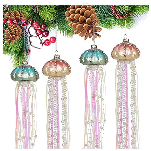 Alipher Jellyfish Christmas Ornament Glass Jellyfish Ornament Creative Christmas Hanging Ornaments Bead Christmas Tree Pendant for Christmas Decor 4PCS
