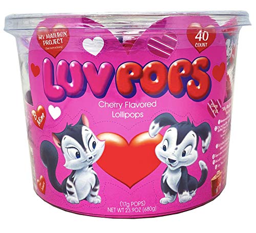 Adams & Brooks, Inc. Luv Pops Intense Cherry Flavored Heart-Shaped Lollipops Mailbox Tub Individually Wrapped Heart Lollipops for Valentines (40 Count Tub)