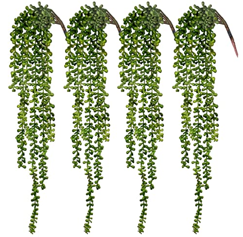 CEWOR 4pcs Fake Hanging Plants, String of Pearls Artificial Hanging Succulents Greenery Wall Backdrop Decor, Artificial Plants Indoor for Home Garden Outdoor Decoration