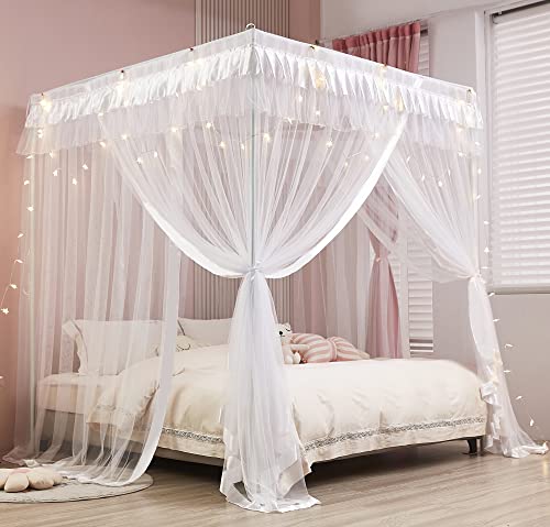Mengersi Princess 4 Corners Post Bed Curtain Canopy Mosquito Net Princess Canopies (White, Full)