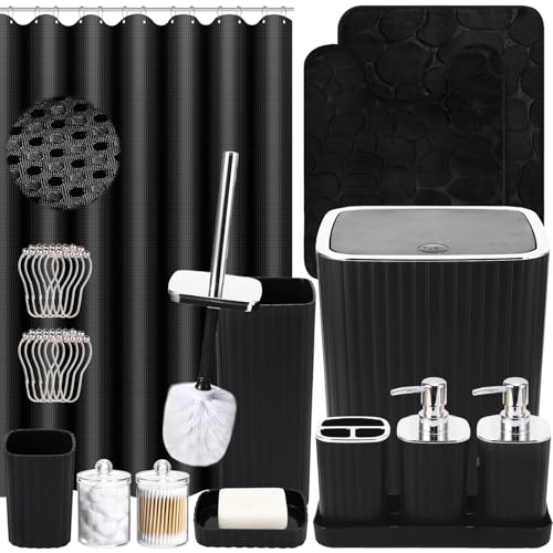 XLHOMO Bathroom Accessories Set - 25PC Black Bathroom Set, Bathroom Set with Shower Curtain and Rugs, Black Shower Curtain Set & Bathroom Rugs